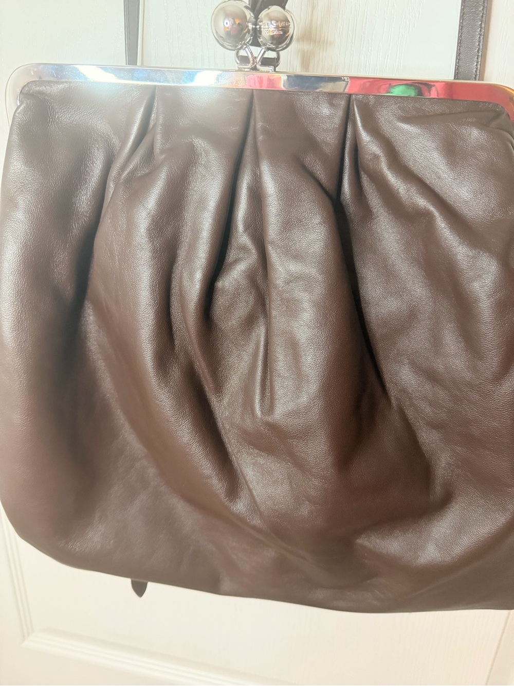 MaxMara Chocolate Brown Gathered Leather Kiss-Lock Clutch
